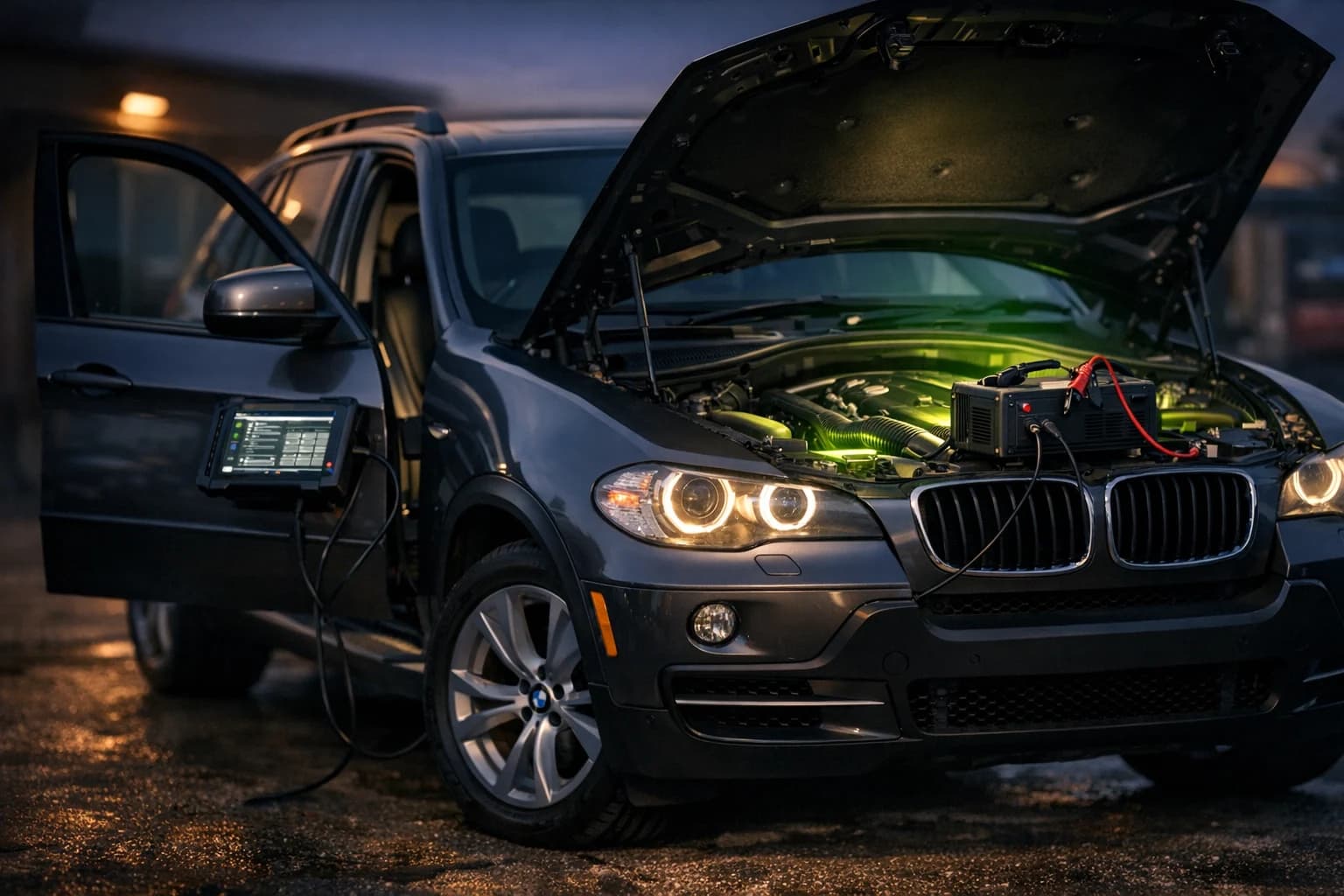 Ciemnoszare BMW X5 E70 o zmierzchu z uniesioną maską, tablet diagnostyczny podłączony przez otwarte drzwi kierowcy, stabilizator napięcia 12 V w komorze silnika, subtelny diagnostyczny akcent