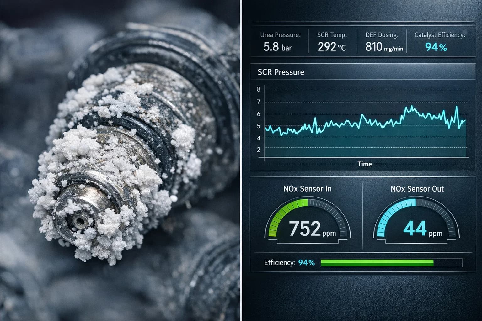 Comparison of a crystallized AdBlue injector with a pressure graph and NOx sensor readings on a Mercedes diagnostic interface.