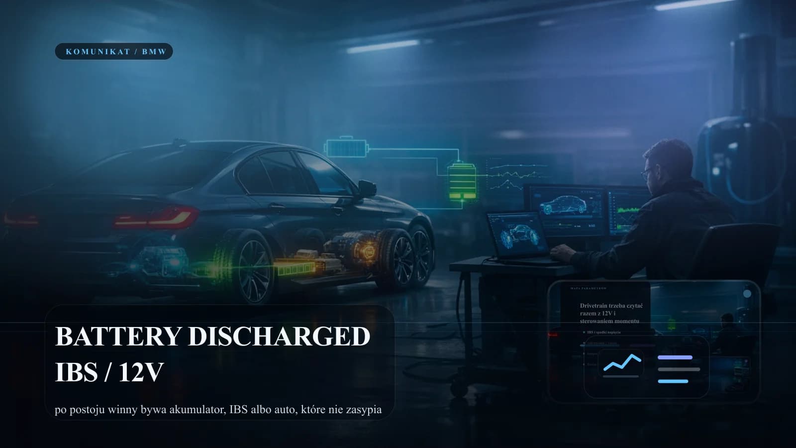 BMW z komunikatem Battery Discharged i panelem diagnostycznym dla IBS oraz 12V.