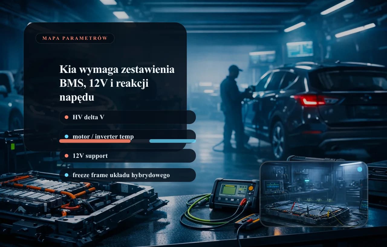 Kia live data panel: HV battery, cell deviations, drive temperature, and 12V support.