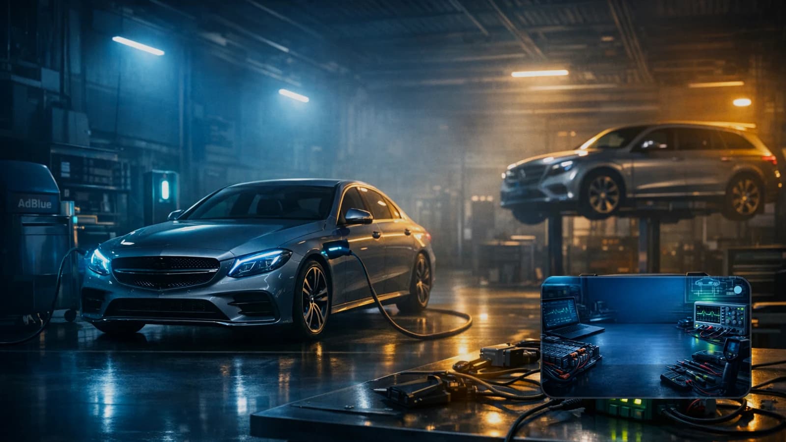 Mercedes sedan with hood open and a mechanic reviewing AdBlue and transmission parameters on a laptop.
