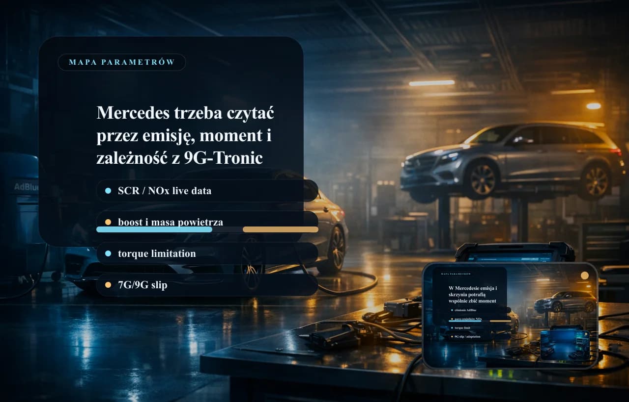 Mercedes data panel with emissions, torque, and 9G-Tronic parameters.