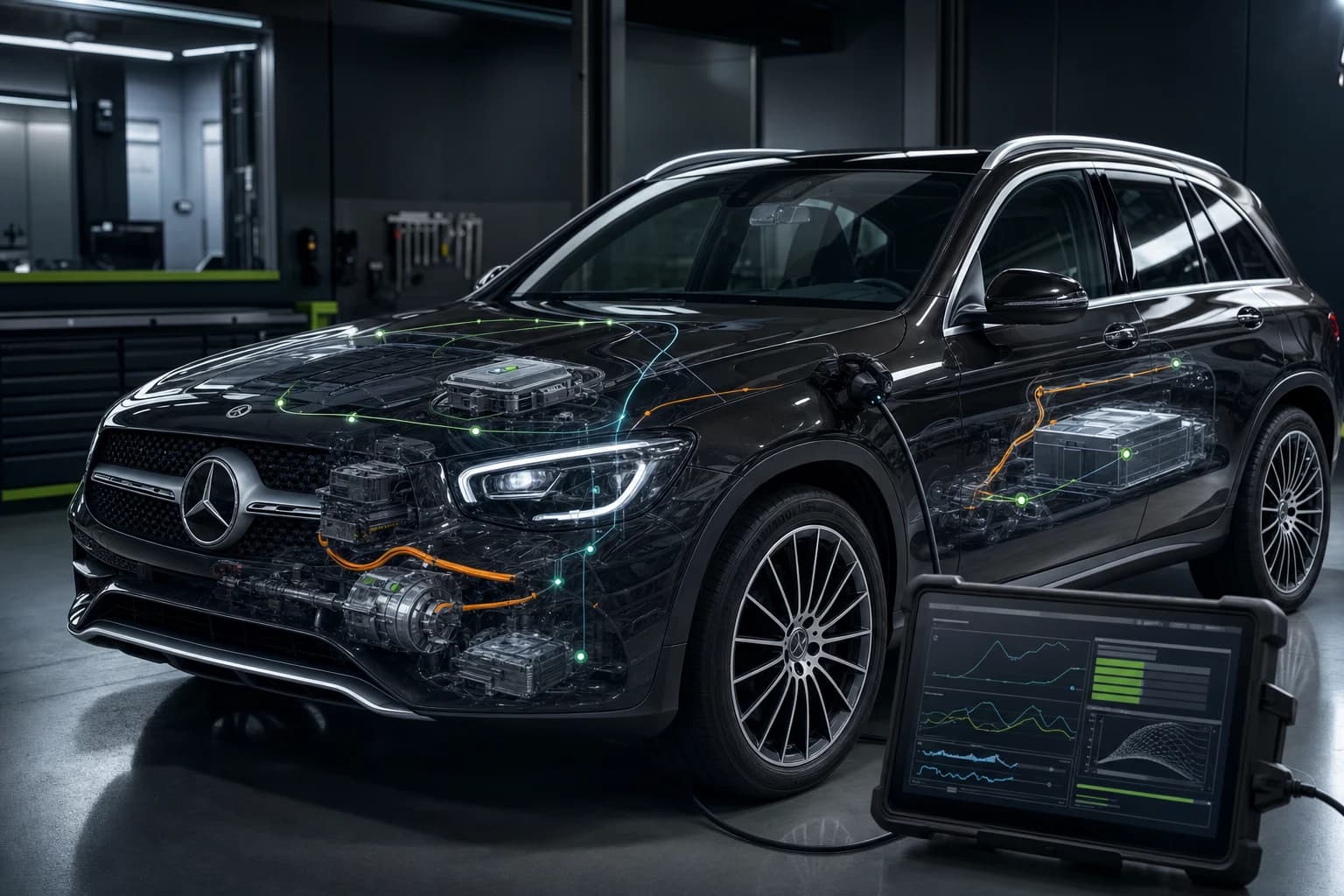 Przekrojowa wizualizacja diagnostyki nowoczesnego Mercedesa osobowego.