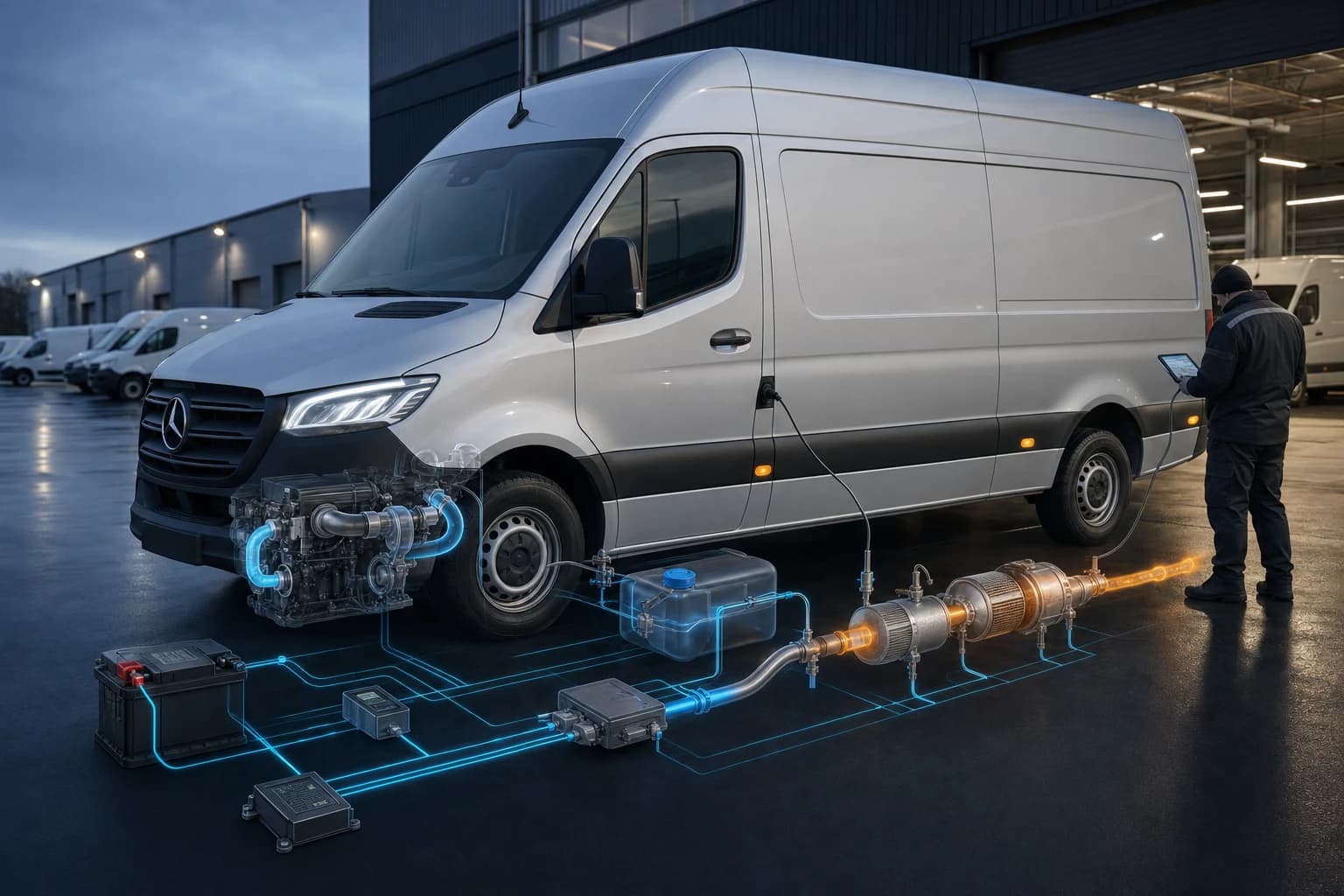 Mercedes Sprinter w mobilnej diagnostyce układu napędowego i emisji.