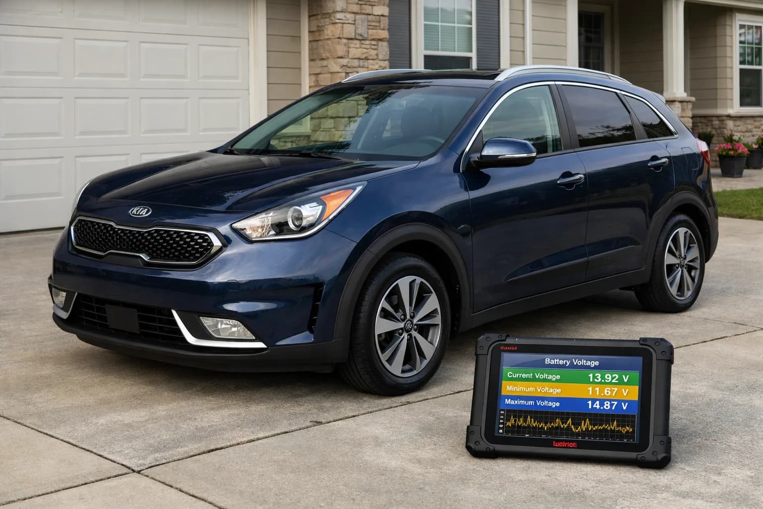 Kia Niro HEV pierwszej generacji (DE, 2019) podczas mobilnego audytu diagnostycznego — tablet Autel MaxiSYS z podłączonym kablem OBD, samochód w czystych warunkach zewnętrznych