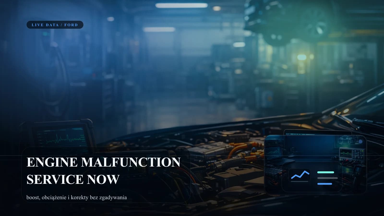 Diagnostyka Forda z komunikatem engine malfunction service now i analizą live data.