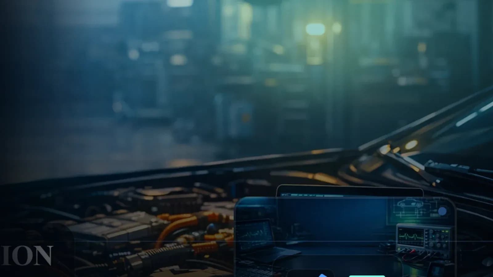 Ford Focus or Kuga in a service bay with a technician reading engine malfunction codes on a laptop.