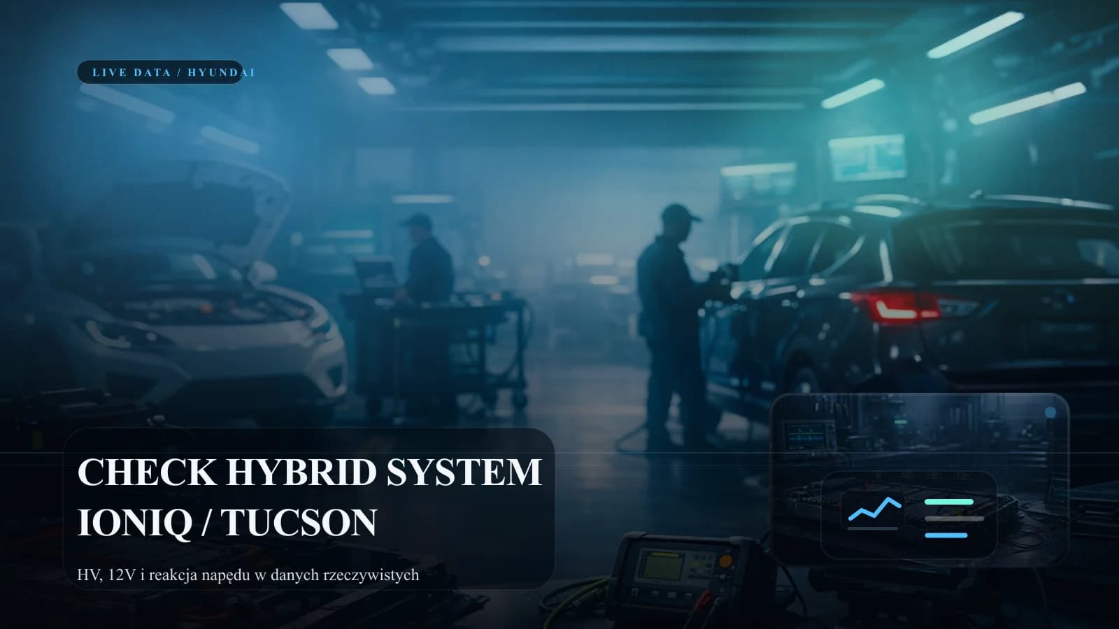Diagnostyka Hyundaia z komunikatem check hybrid system i analizą danych.