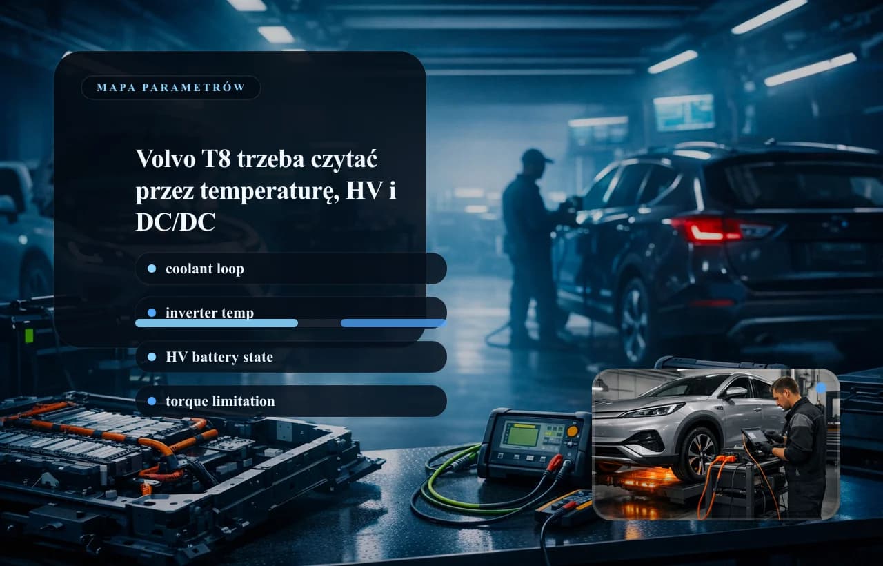 Volvo T8 live data panel: HV battery, cooling, inverter temperature, and DC/DC converter.