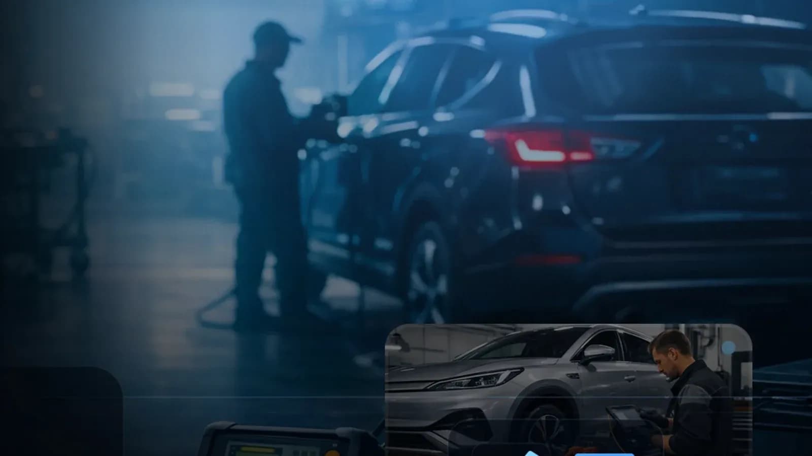 Volvo XC60 or XC90 in a garage with a mechanic reviewing hybrid system failure data on a scanner.