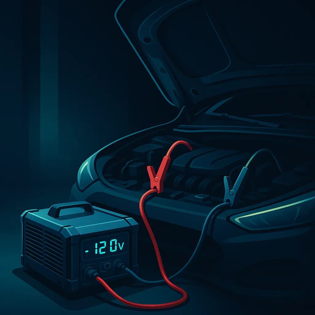 GYSflash 121.12 CNT FV power supply connected to hybrid battery — voltage stabilisation during 12V replacement