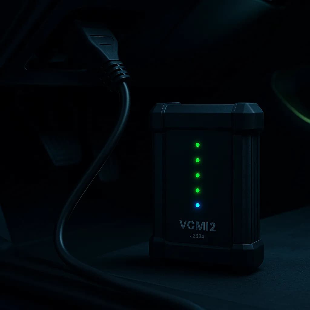 MaxiFlash VCMI2 interface connected to OBD port — LEDs active during coding procedure