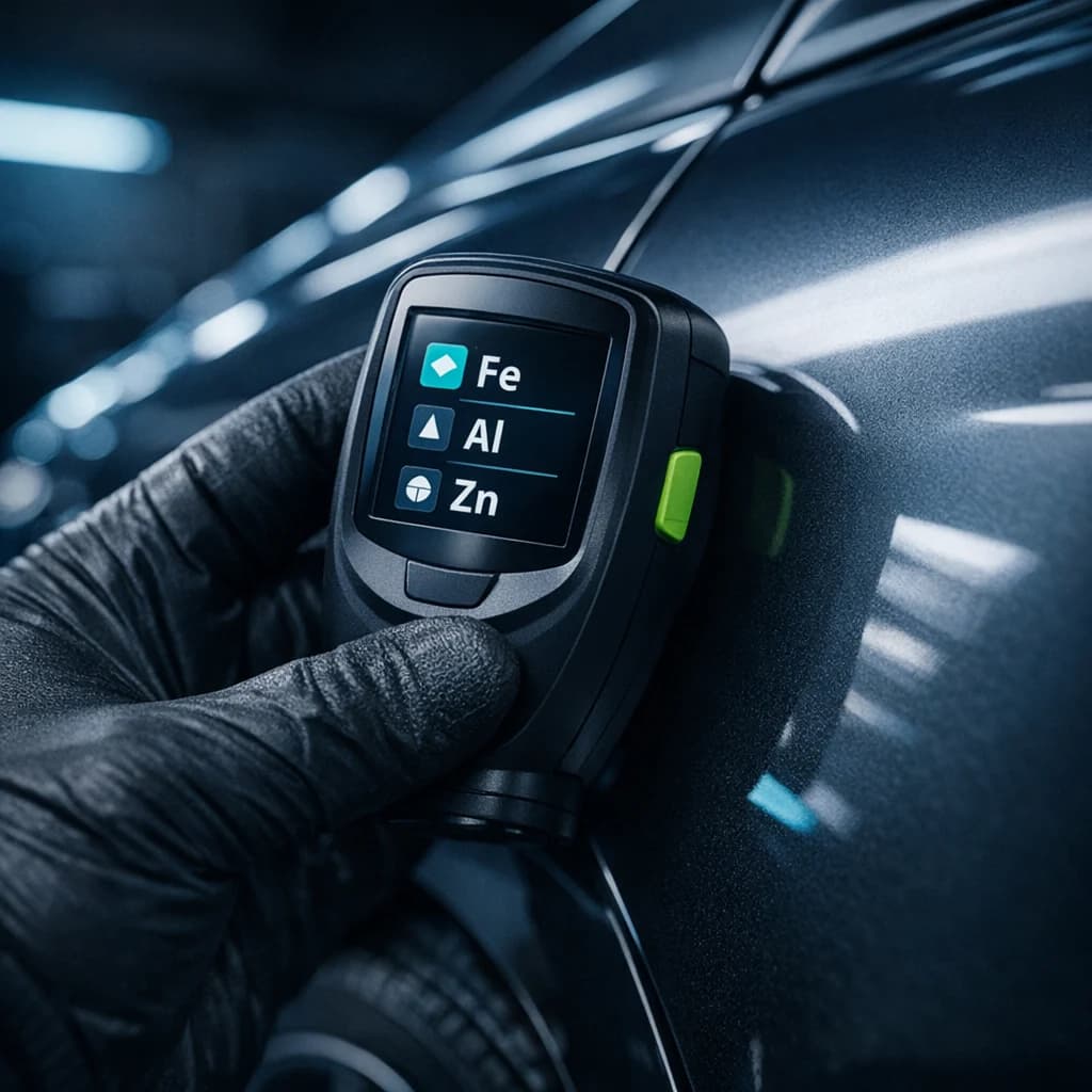 Prodig-Tech GL-PRO-6-F gauge applied to car body — screen showing substrate metal reading (Fe/NFe)