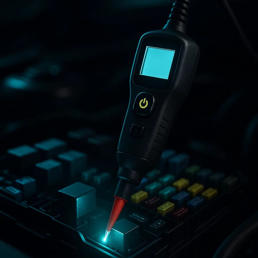PowerScan PS100 circuit tester with probe on a relay in the car fuse box