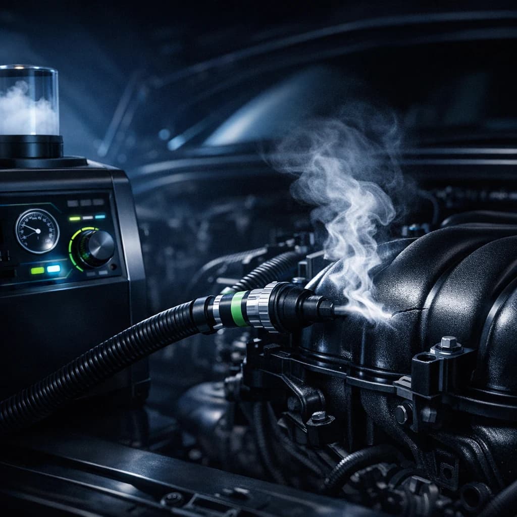Smoke generator connected to engine intake — smoke escaping from a leak